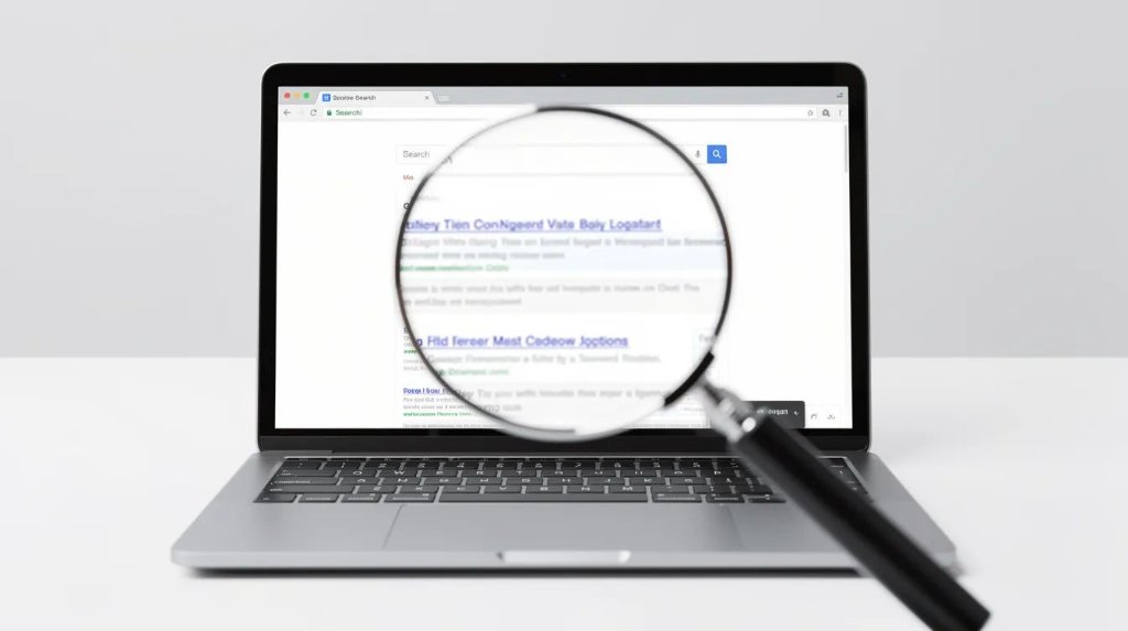 Magnifying glass over a search engine results page on a laptop screen