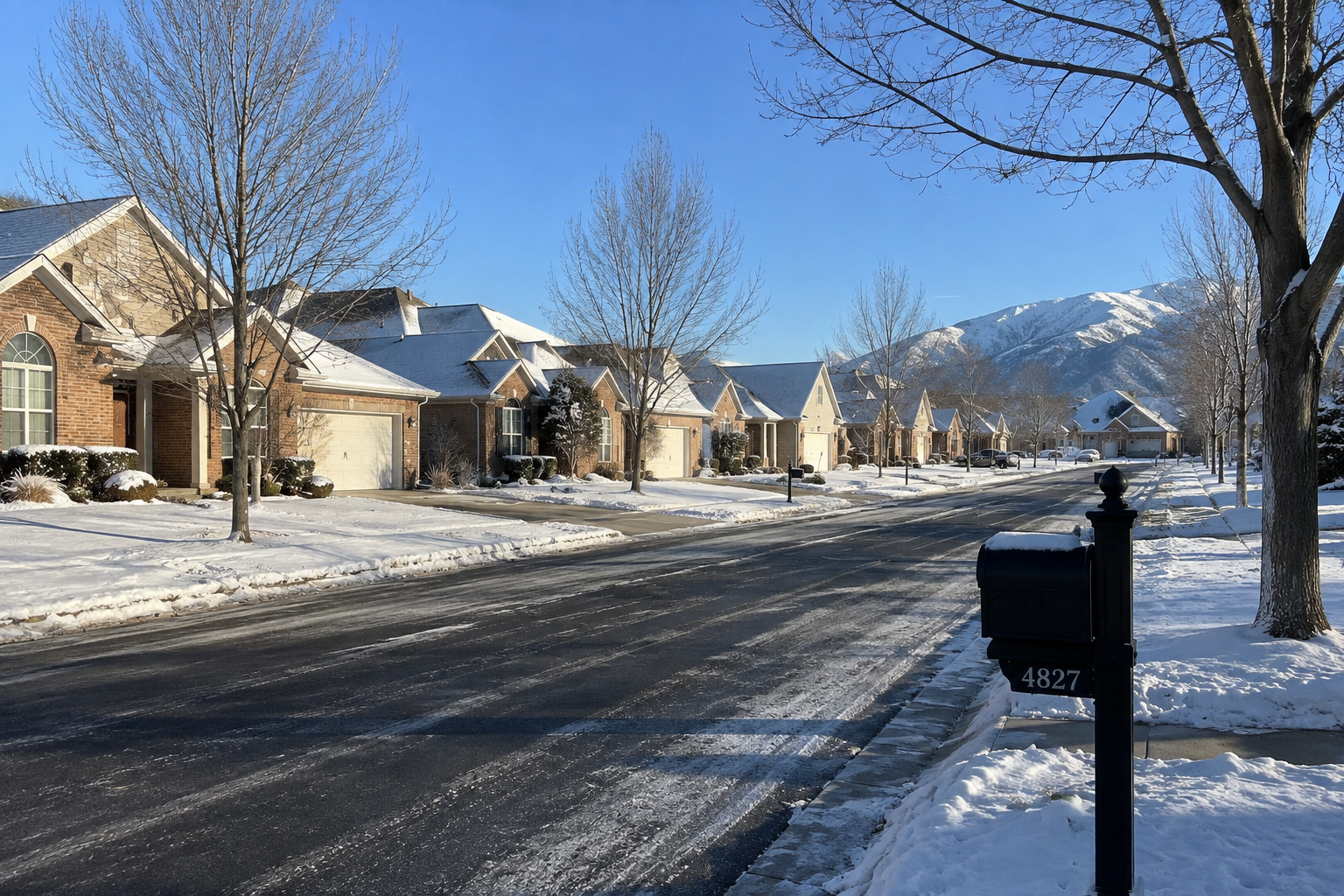 A quiet snowy residential street in our neighborhood, houses closed up and no one outside