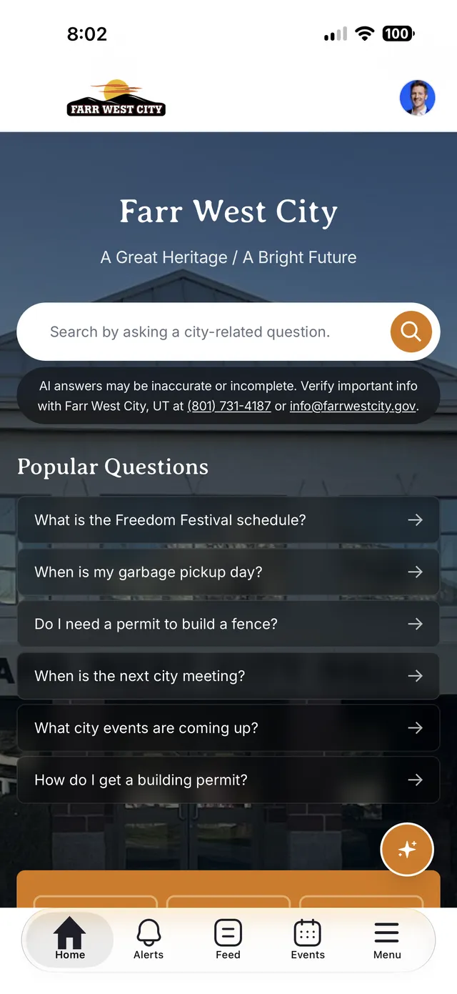 The Farr West City home screen in the Peny app