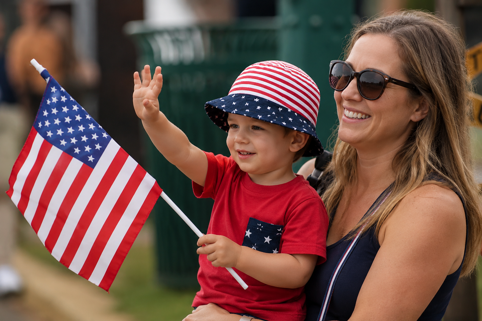 A mother holding her small son, who waves a flag at a passing parade