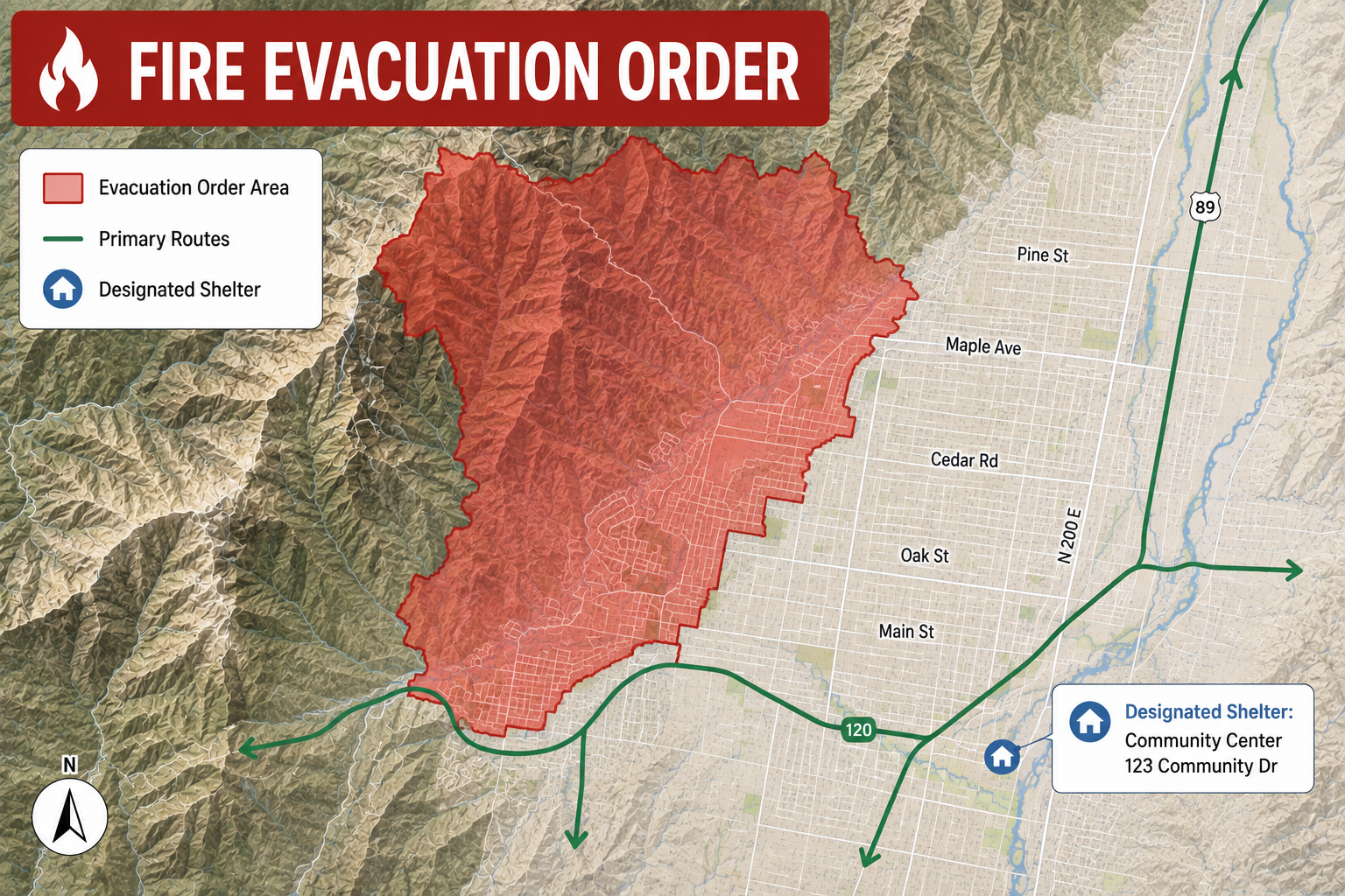 A city fire evacuation order map showing the evacuation area, primary evacuation routes, and the designated shelter at the community center
