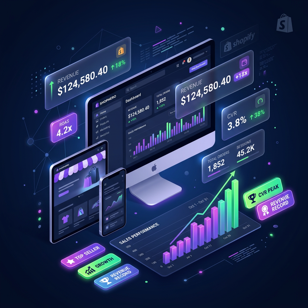 Shopify growth dashboard with ROAS, CVR, and revenue metrics