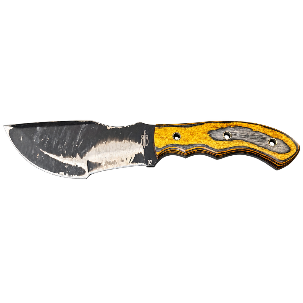 Handcrafted bushcraft knife with stonewashed D2 blade and amber-and-black layered micarta handle