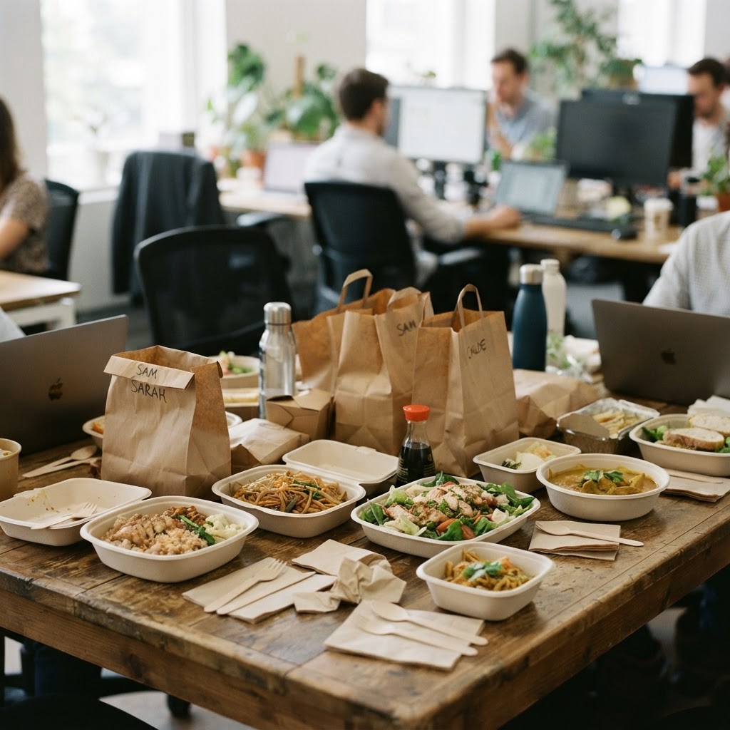 A group office food order on a table