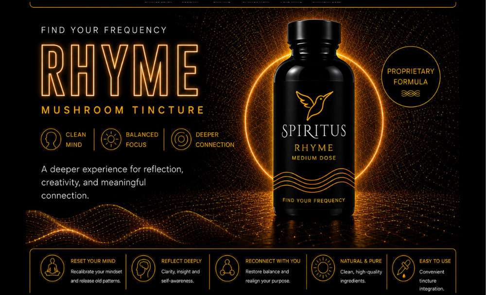 Spiritus Rhyme mushroom tincture — medium dose. Clean mind, balanced focus, deeper connection.