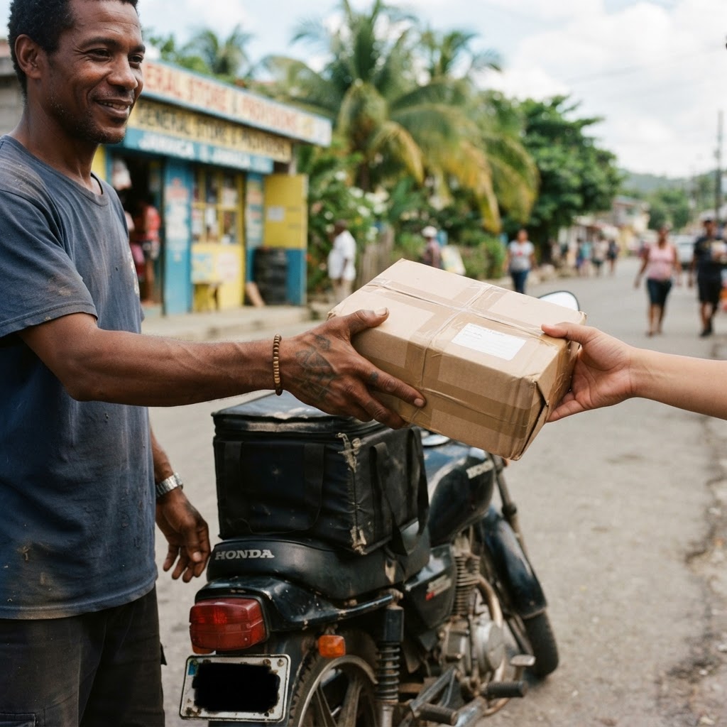 A kraft parcel handed off beside a delivery bag in Jamaica