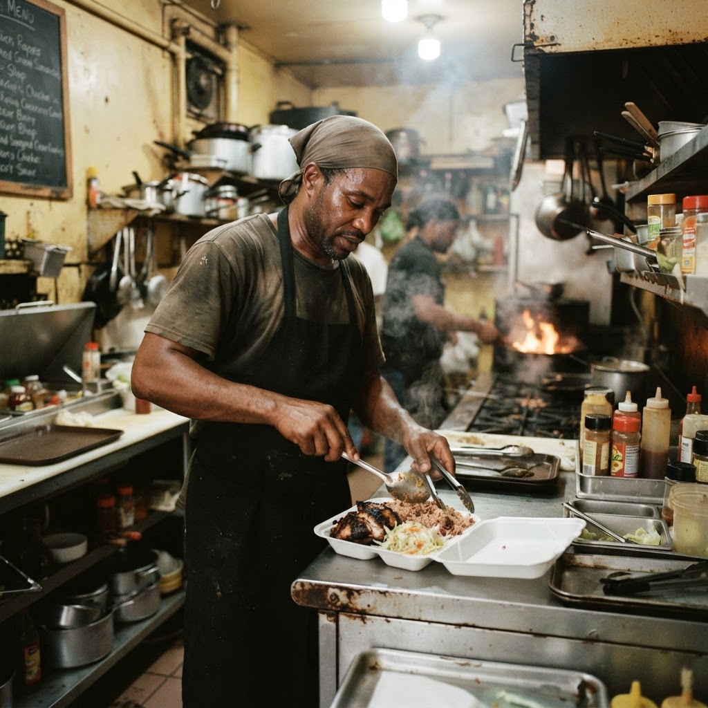 A Jamaican restaurant kitchen during service