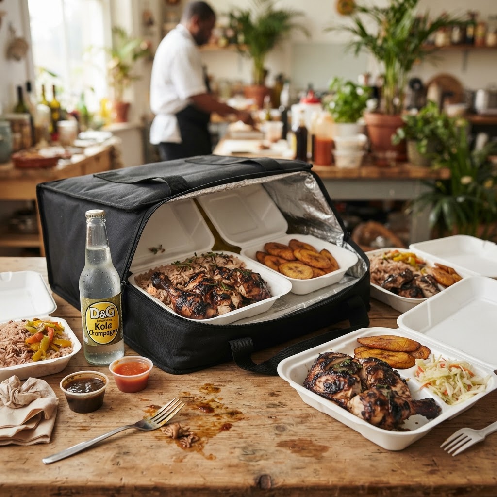 Open Island Run delivery bag with Jamaican takeaway dishes