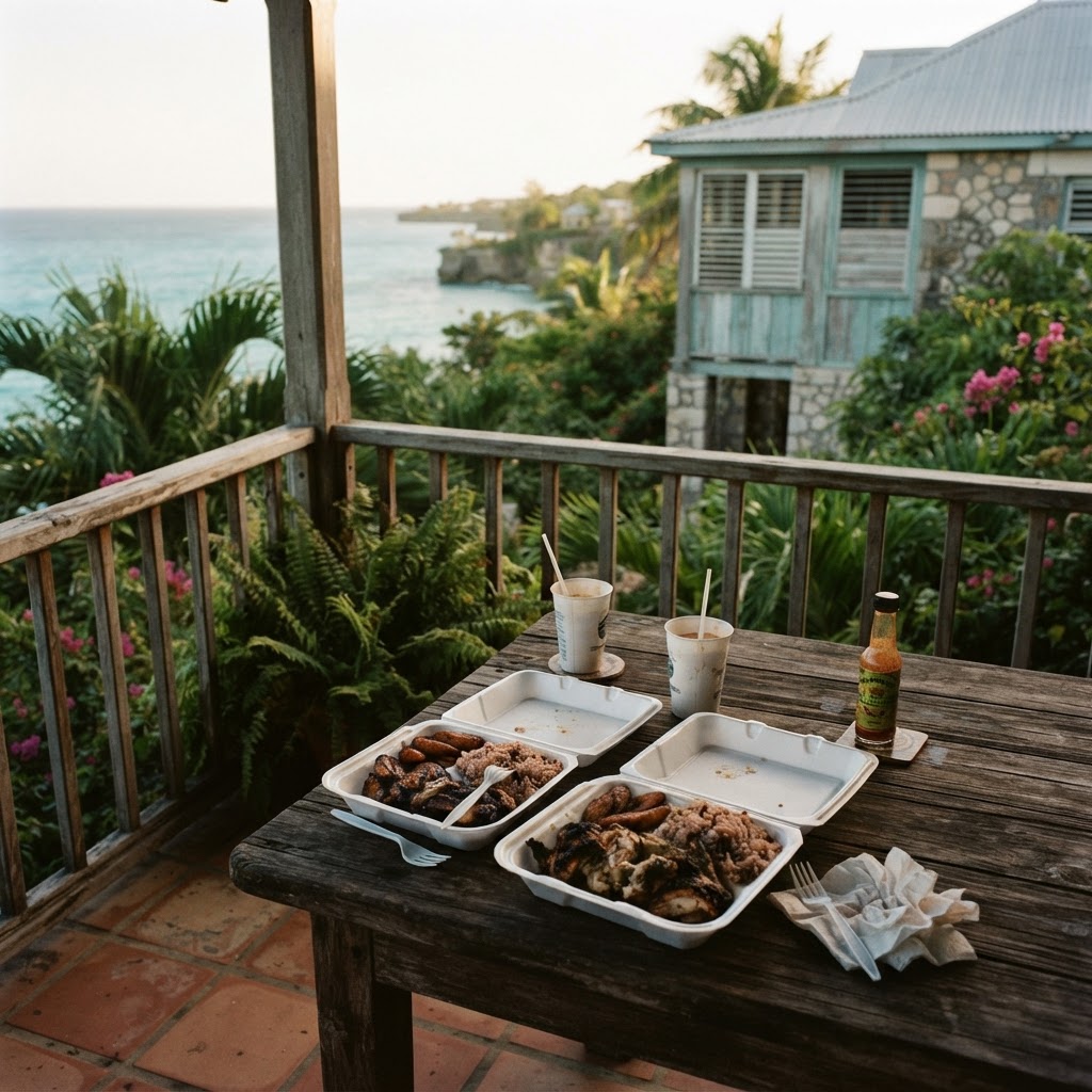 A delivered Jamaican meal on a villa balcony at golden hour