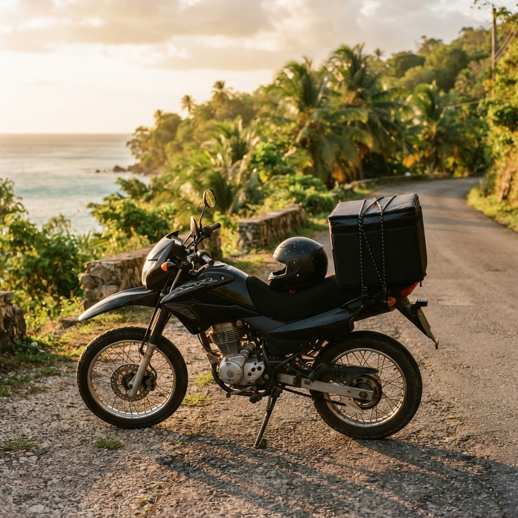 A delivery bike and helmet on a quiet Jamaican coastal road
