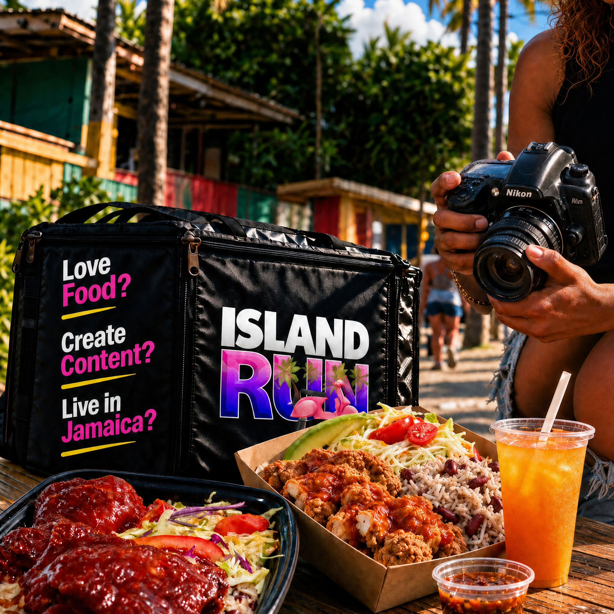 A creator filming Island Run delivery food on camera