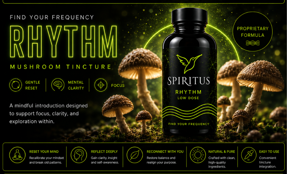 Spiritus Rhythm mushroom tincture — low dose. Gentle reset, mental clarity, focus.