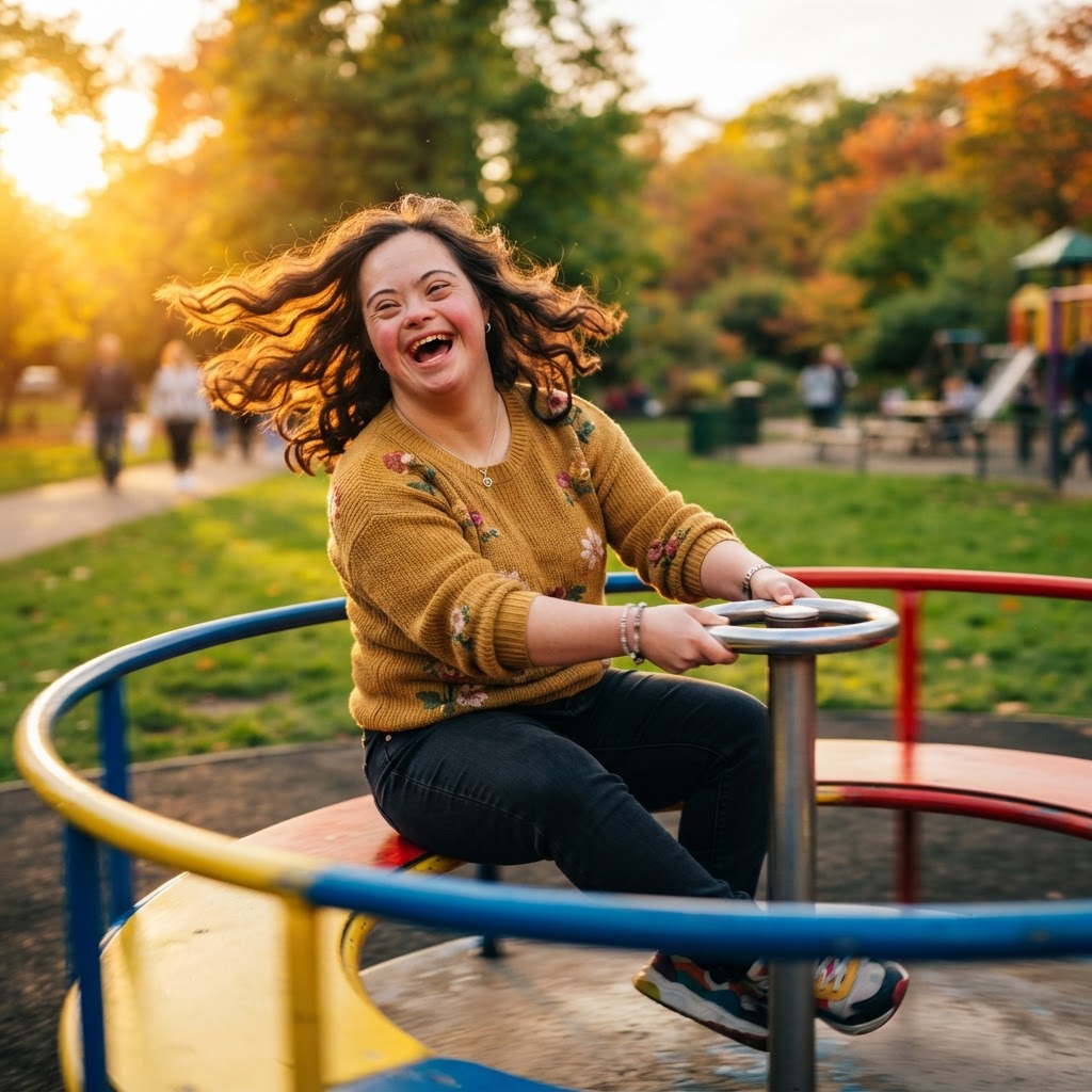 Young woman with Down syndrome laughing on a playground roundabout