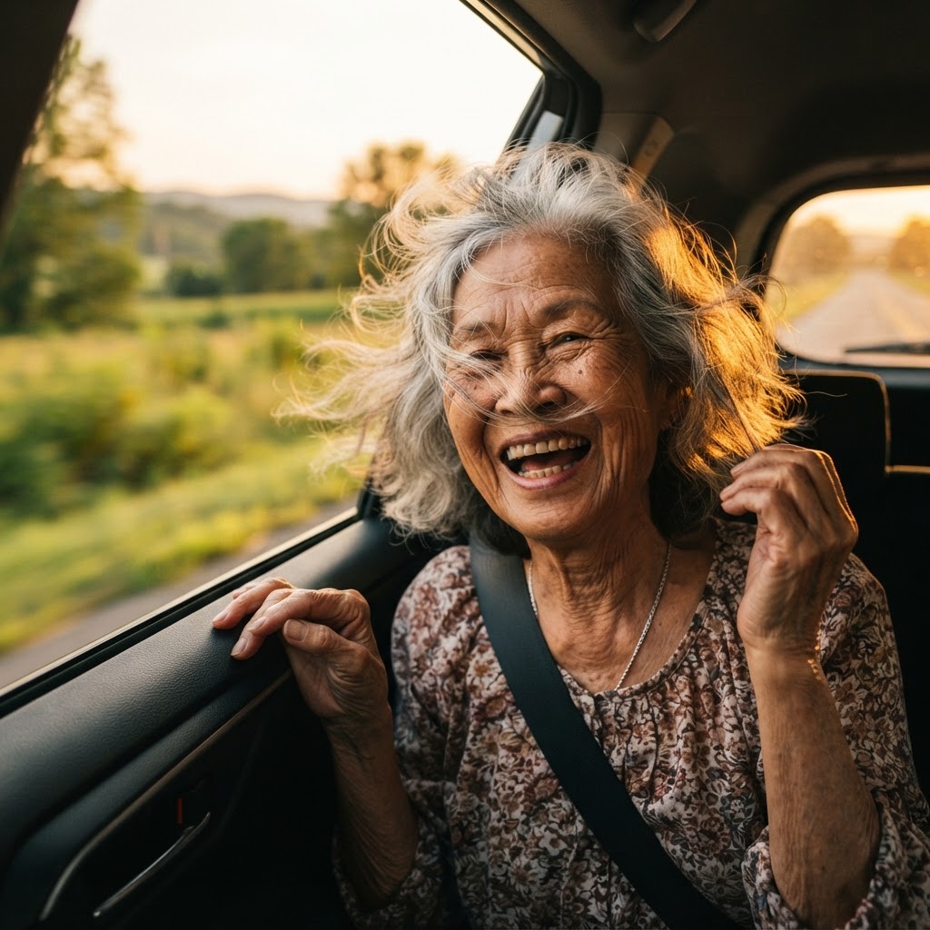 Older woman laughing with wind in her hair