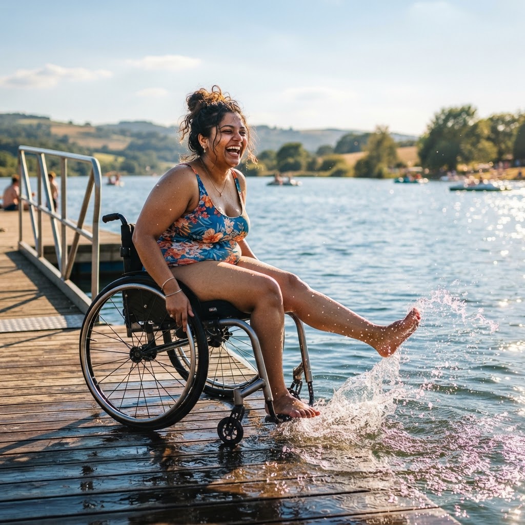Young Indian woman with a disability joyfully splashing in the water