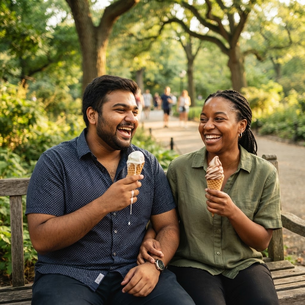 Young Indian man and his Black support worker eating ice cream together on a park bench