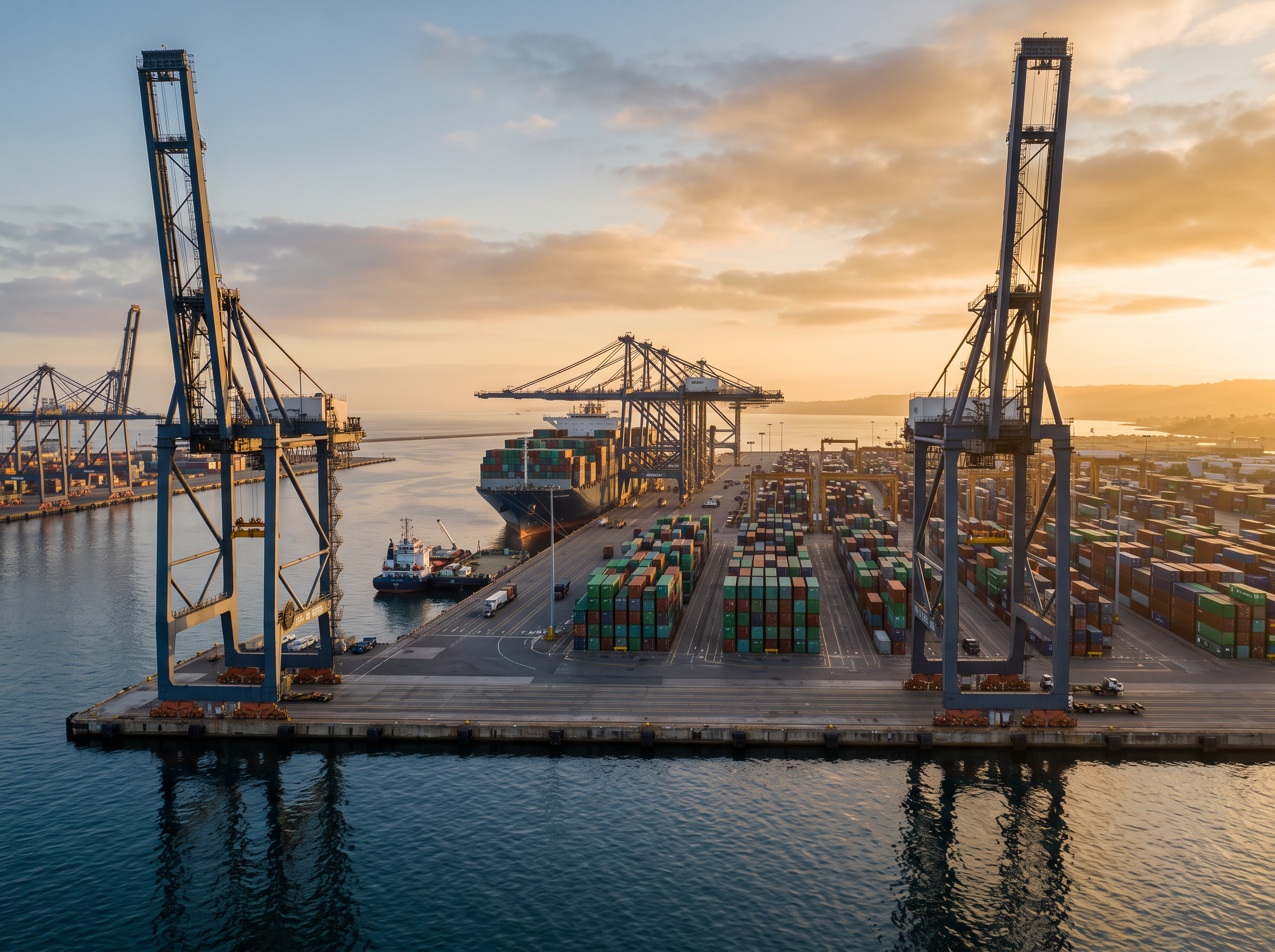 Cargo cranes, container stacks and a cargo ship at a modern port in golden-hour light