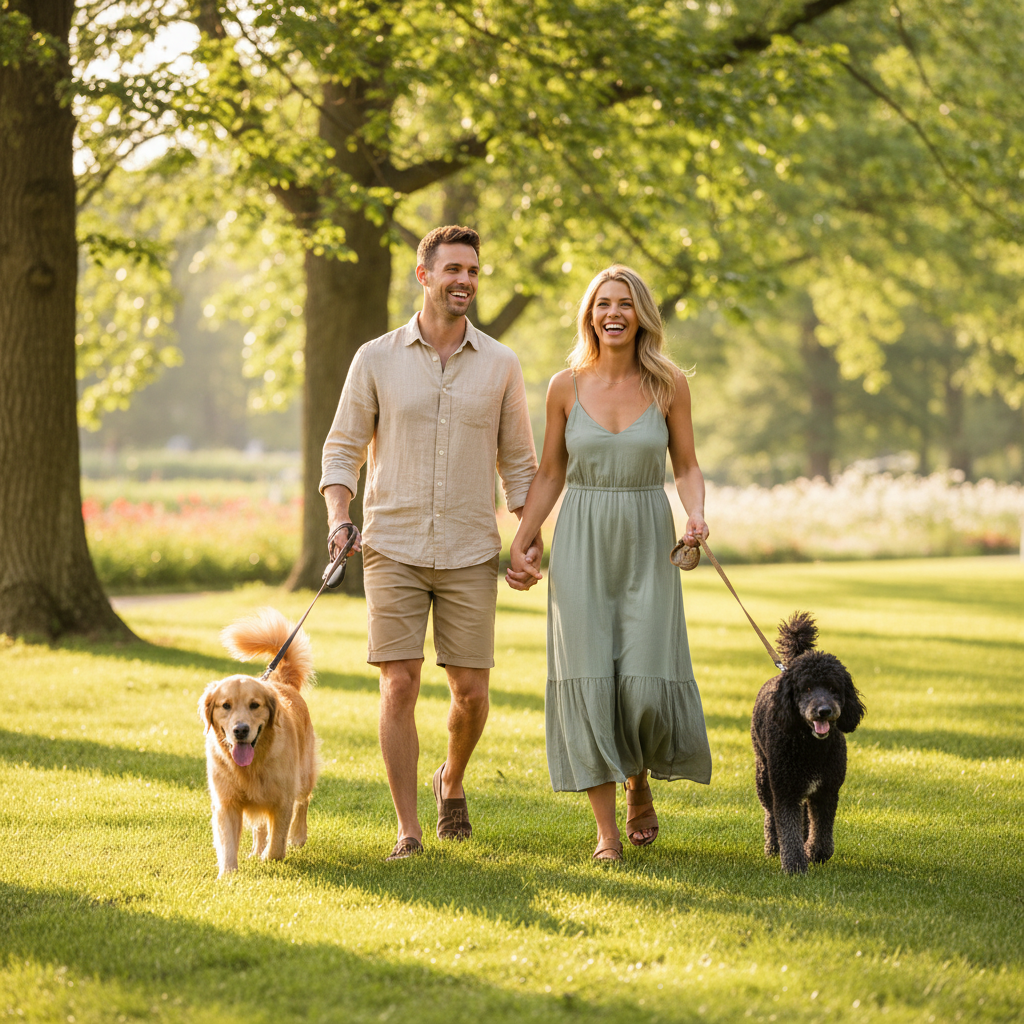 Happy couple walking their dogs in the park
