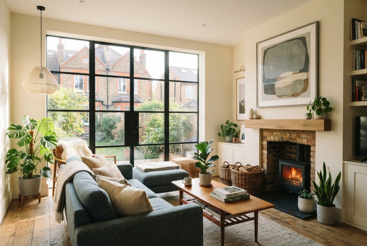 Sunlit living room with large windows