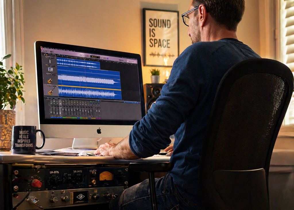 Philippe Grand en train de composer de la musique en studio