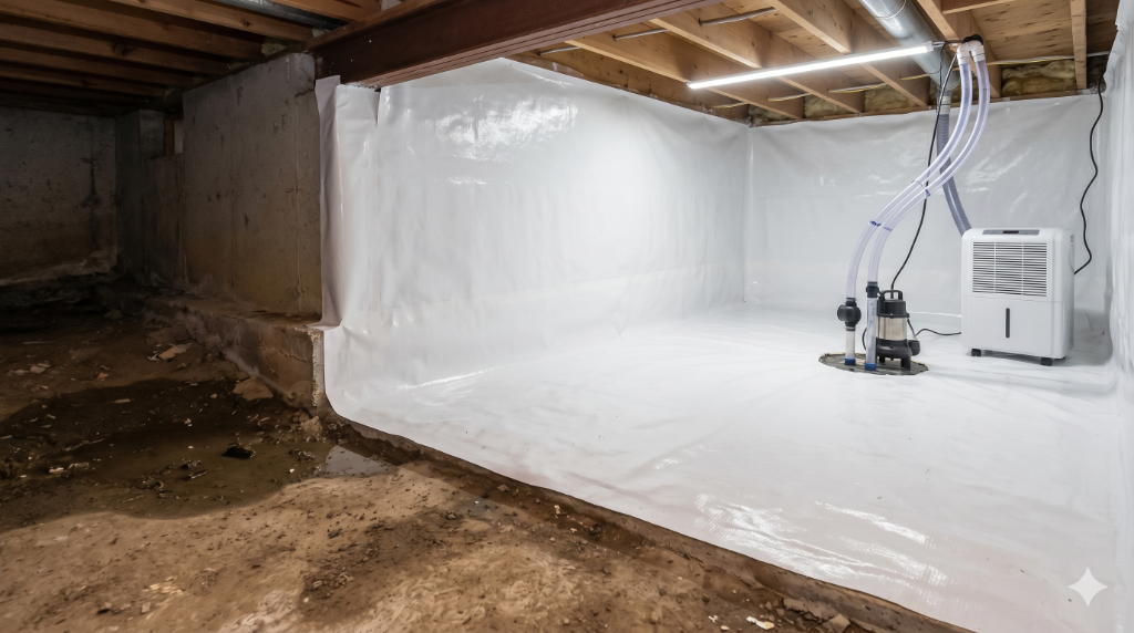 Crawlspace encapsulation with vapor barrier and dehumidifier