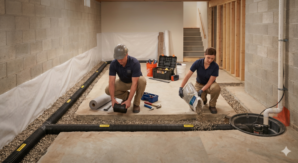 Waterproofing crew installing interior French drain system in Baltimore
