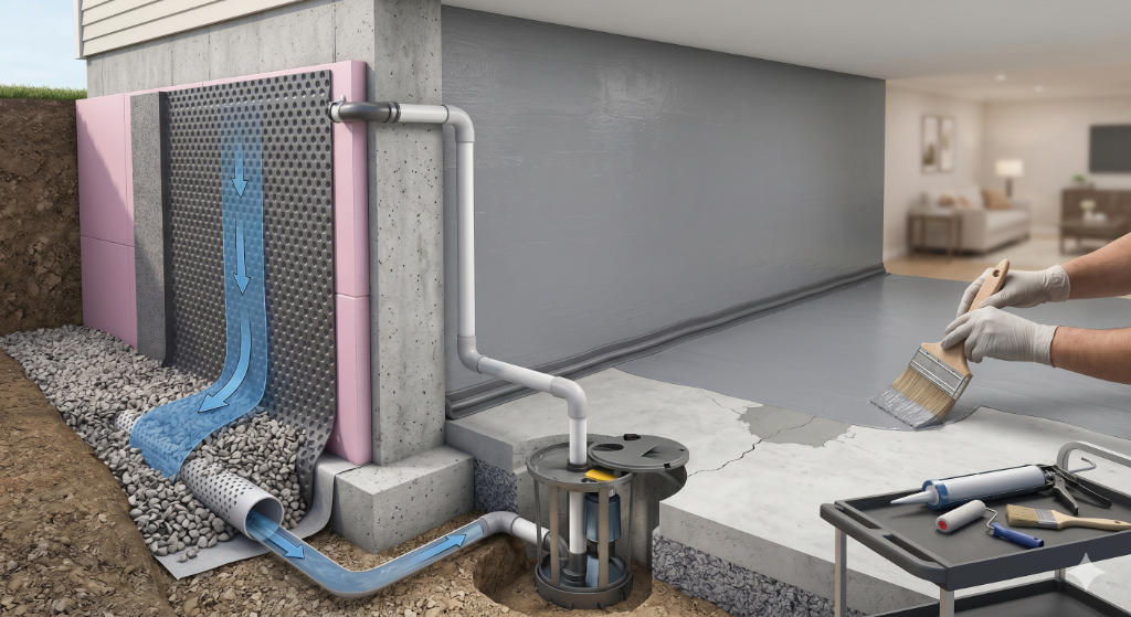 Basement waterproofing system installation in Baltimore