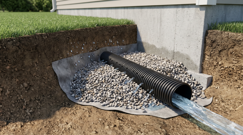 Exterior foundation drainage system repair in Baltimore