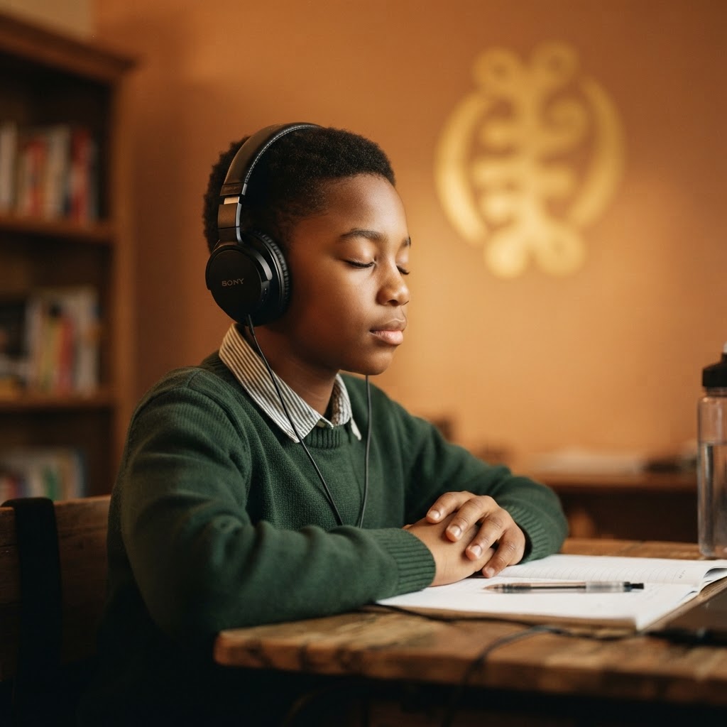 A Black student listening carefully with headphones