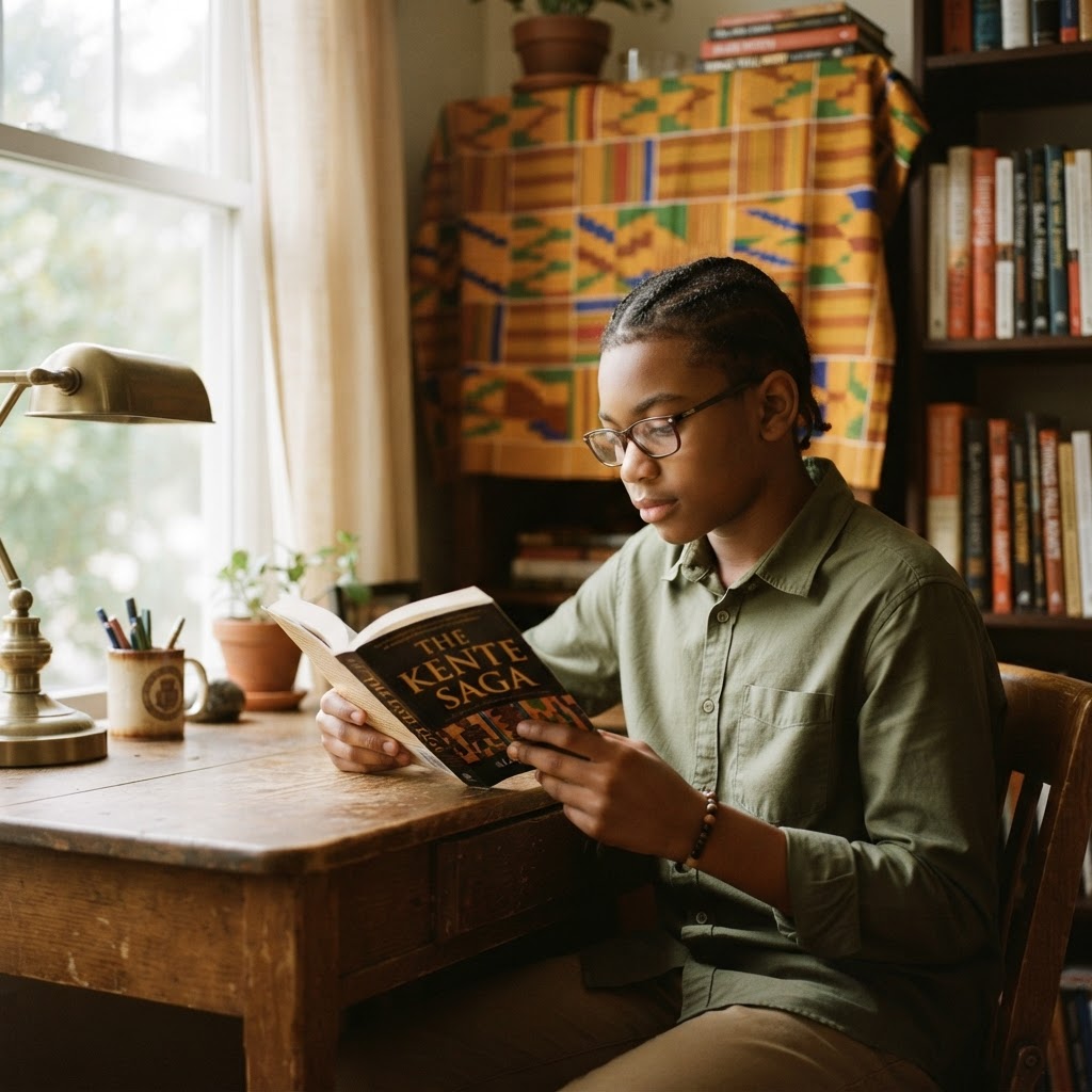 A Black student reading with focused concentration