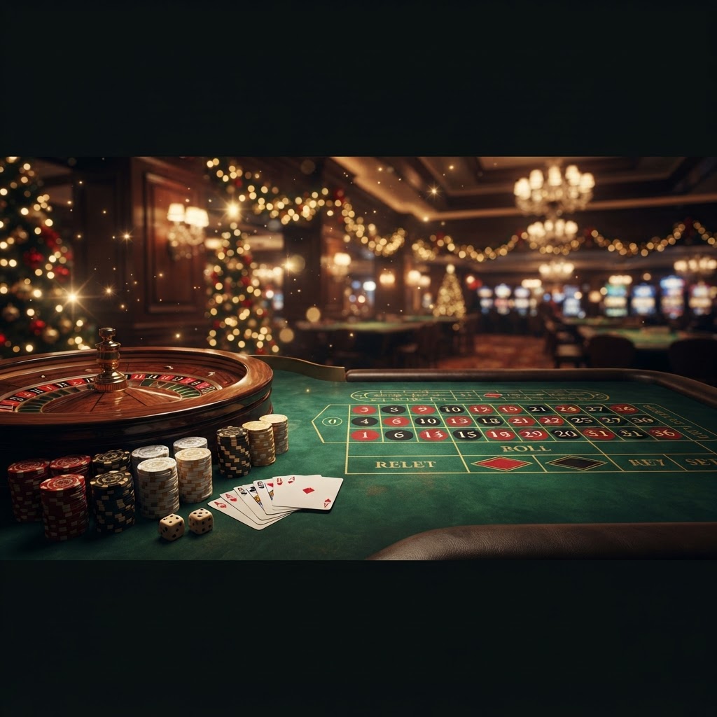 Casino night table with roulette wheel, poker chips and cards