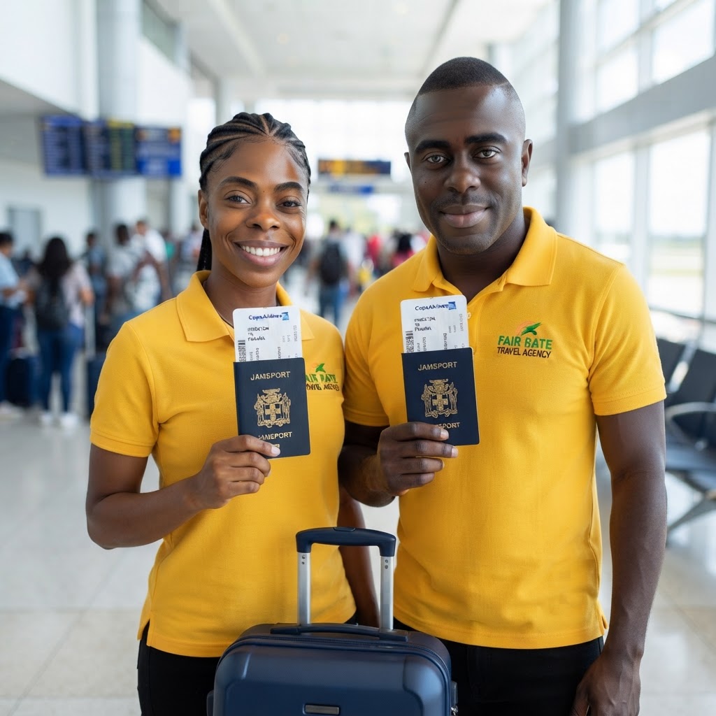 Oral Mckenzie and Latoya holding Jamaican passports with Copa Airlines boarding pass Kingston to Panama