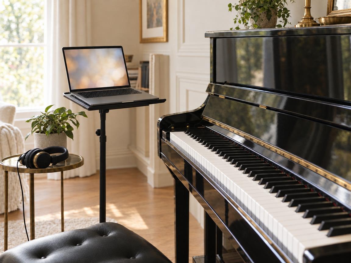 A laptop set up beside an upright piano for an online lesson