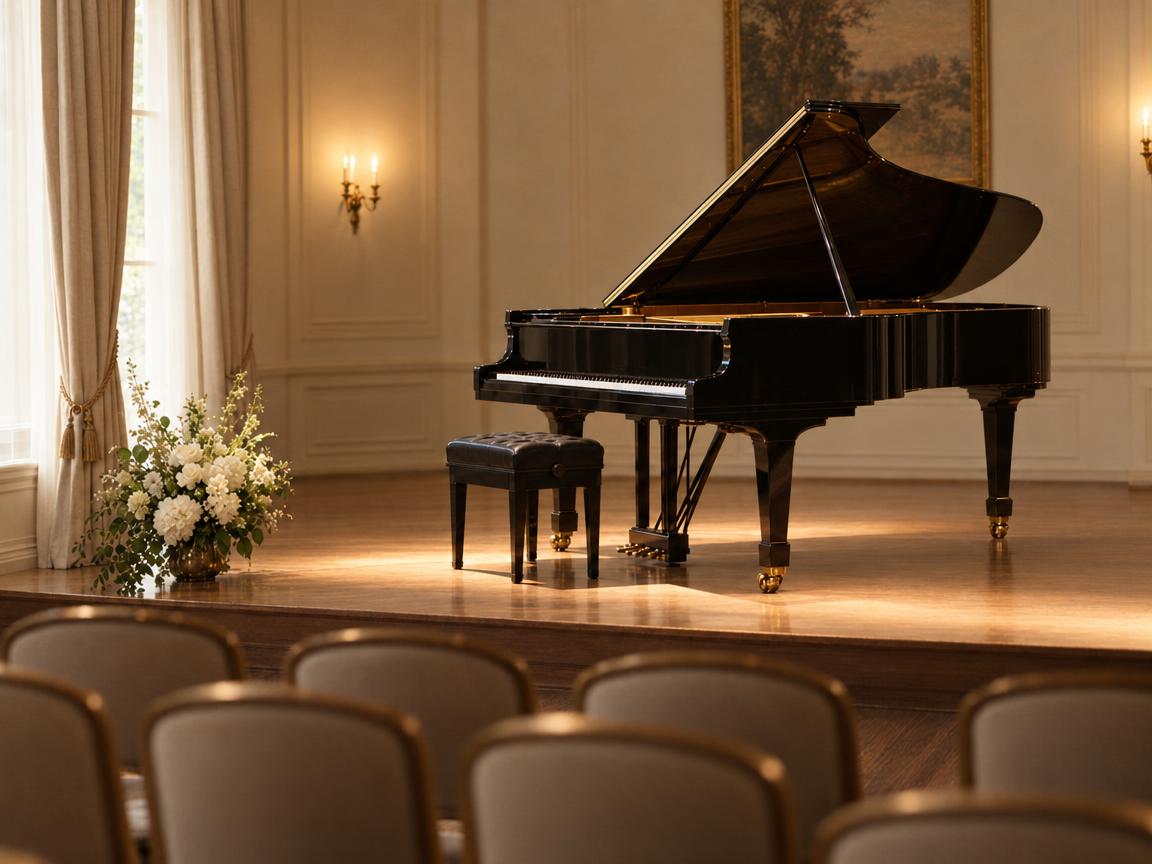 A grand piano on a small recital stage with rows of chairs