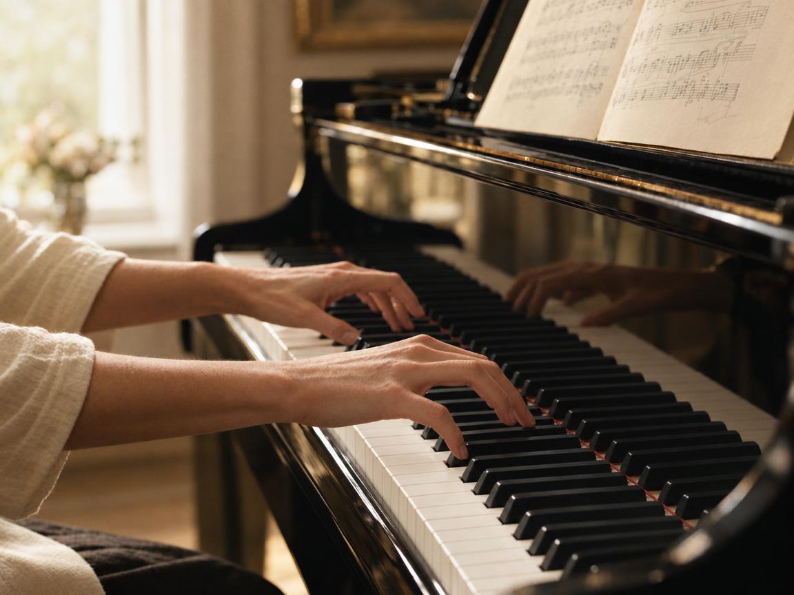 Hands playing a classical passage on a grand piano