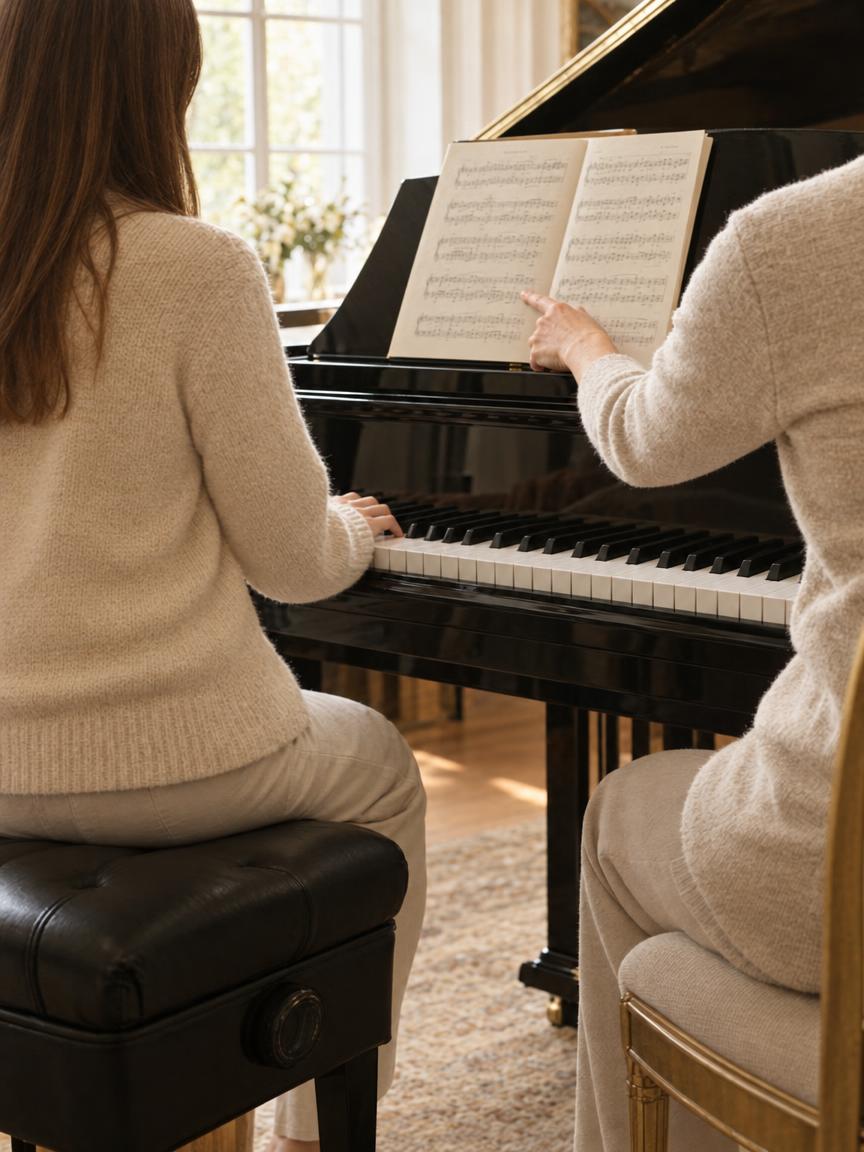 A student and teacher at a grand piano during a lesson, seen from behind
