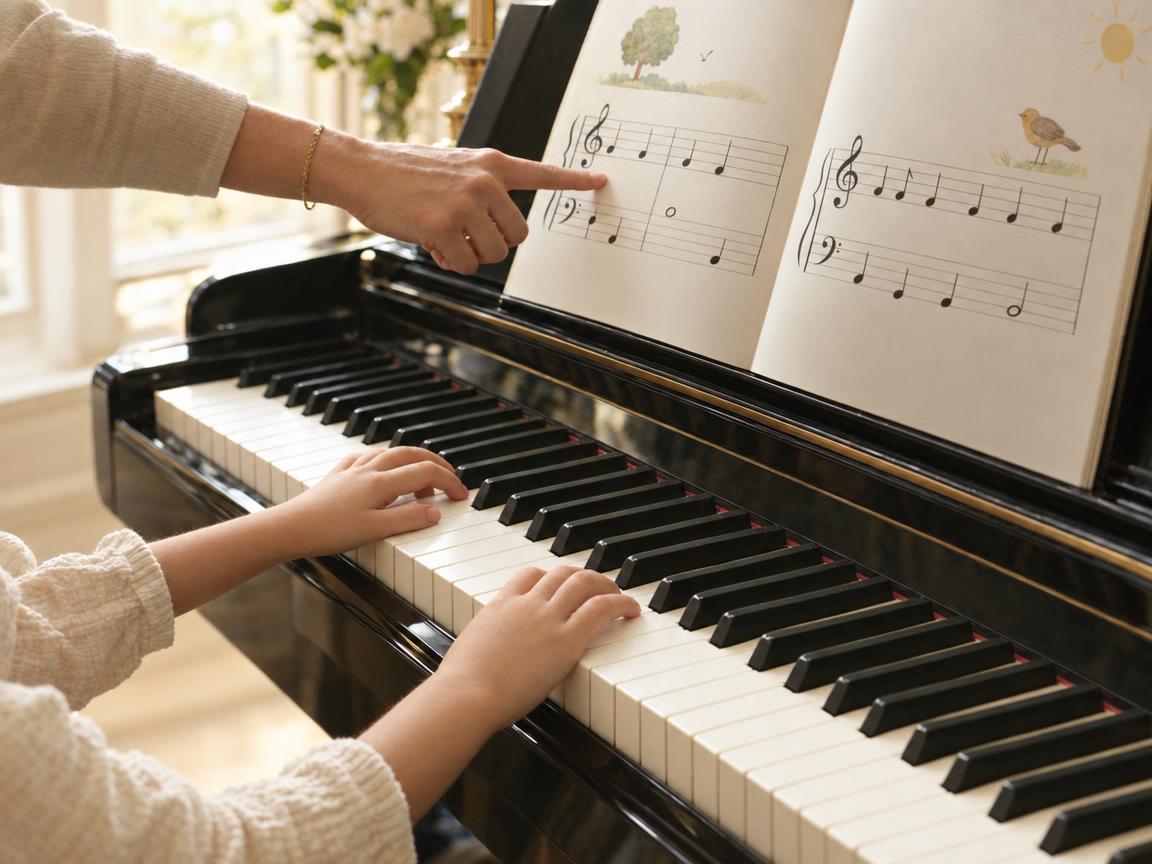 A young student's hands on the piano keys as a teacher points to the music