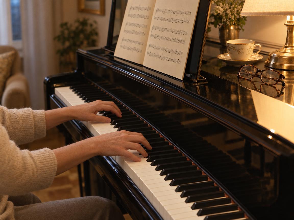 An adult student playing an upright piano by lamplight