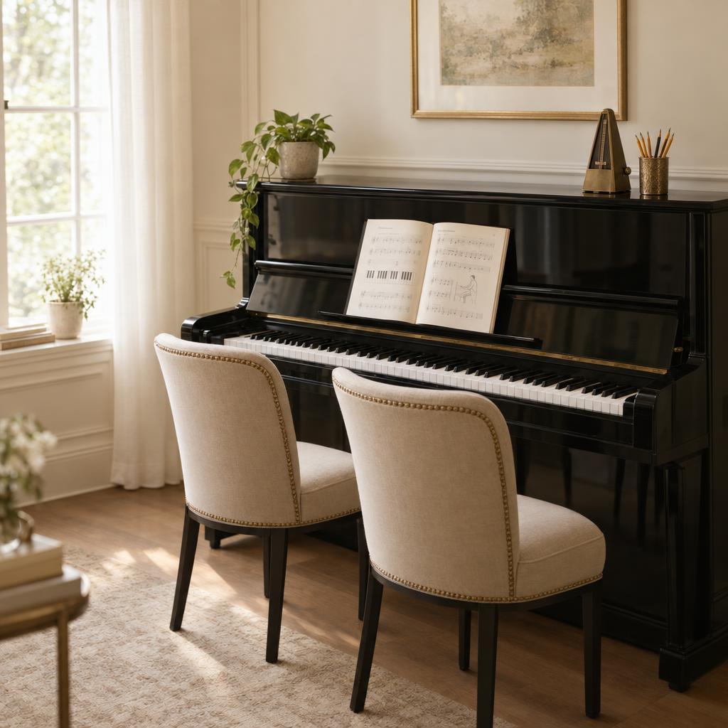 Two chairs at an upright piano, ready for a lesson