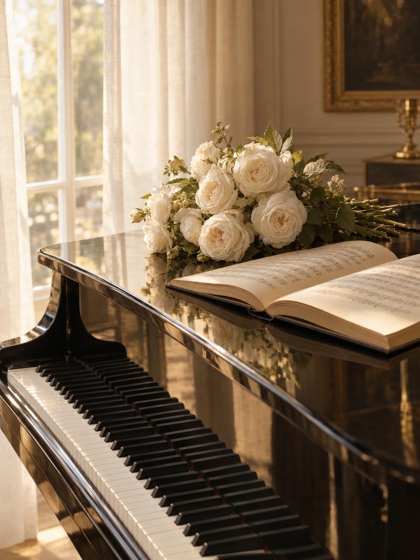 White roses and sheet music on a black grand piano by a sunlit window