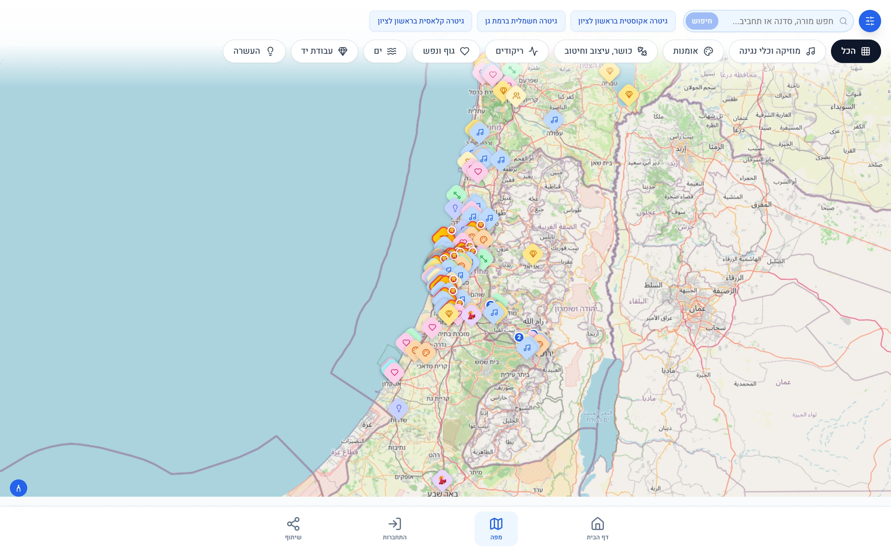 צילום מסך 1 - המפה האינטראקטיבית עם כל סמני המורים