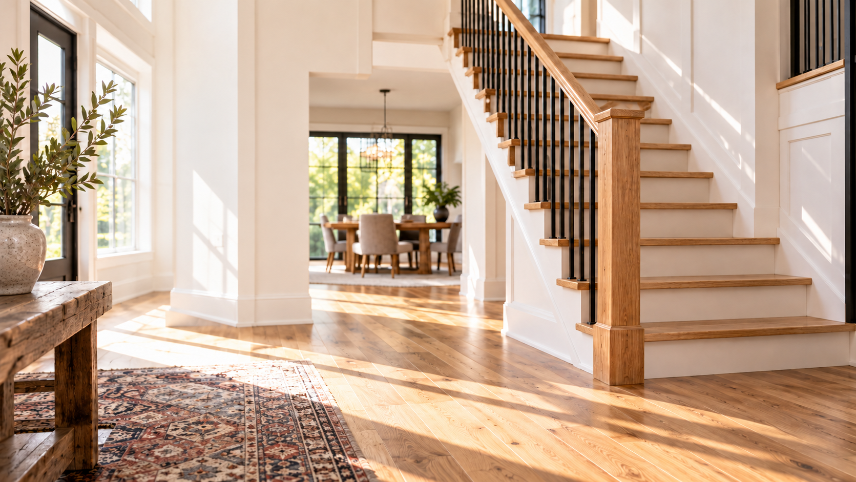 Sunlit modern farmhouse foyer with oak stairs and hardwood floors
