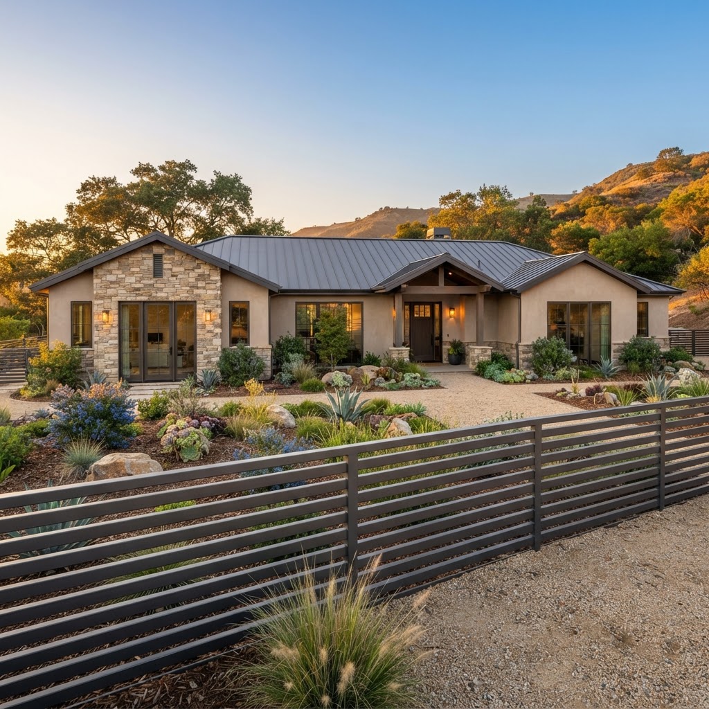 Fire-hardened Marin County home with aluminum horizontal fence and Zone 0 defensible space