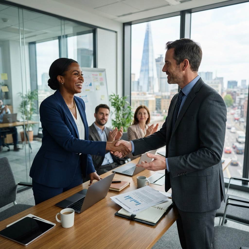 Réunion de business development avec poignée de main et partenariat stratégique