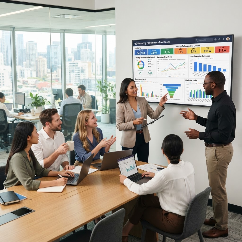 Tableau de bord de marketing digital avec indicateurs de performance et campagnes