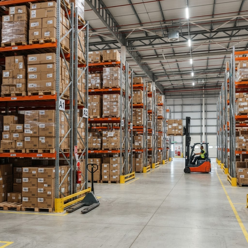 Entrepôt logistique avec marchandises empilées sur palette