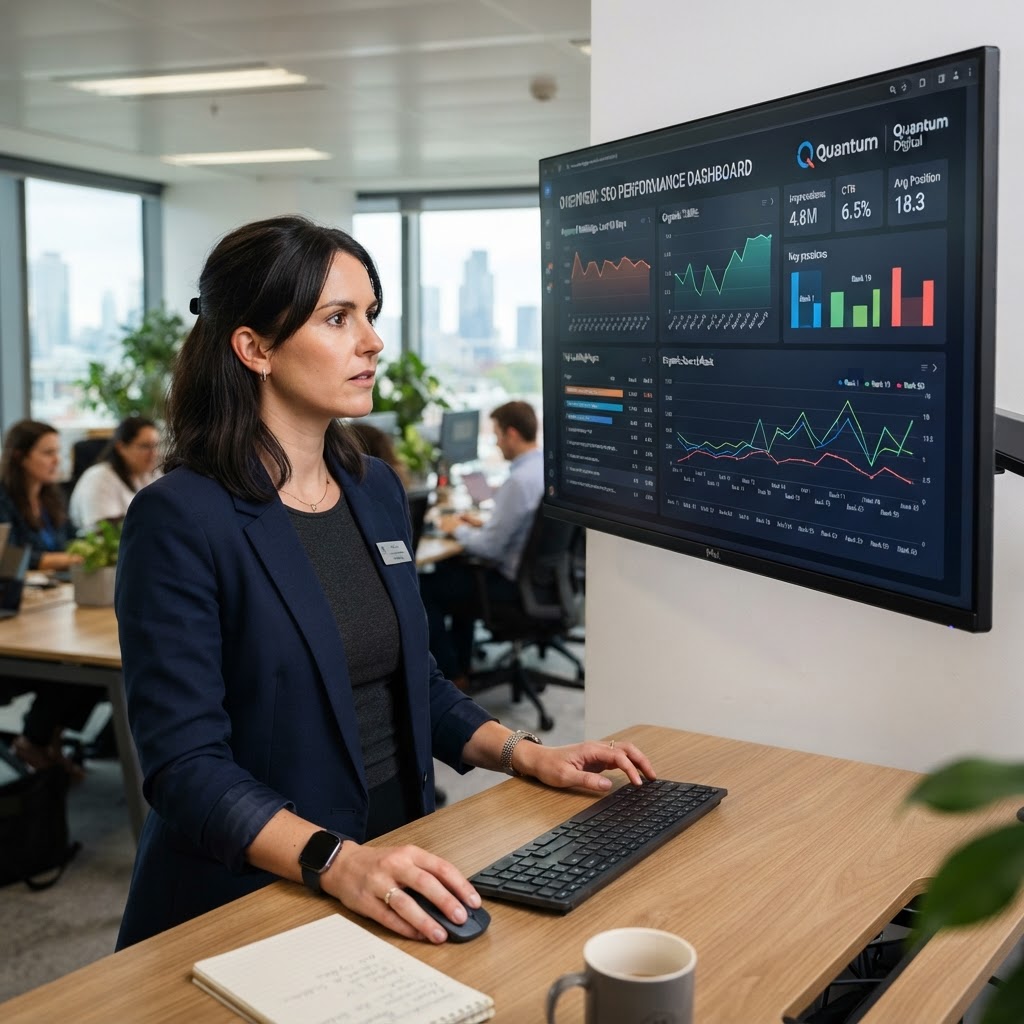 Professionnel analysant un tableau de bord SEO et de référencement naturel