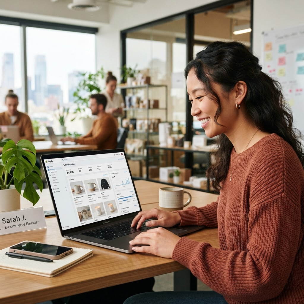 Professionnels travaillant sur une boutique e-commerce et un tableau de bord des ventes en ligne