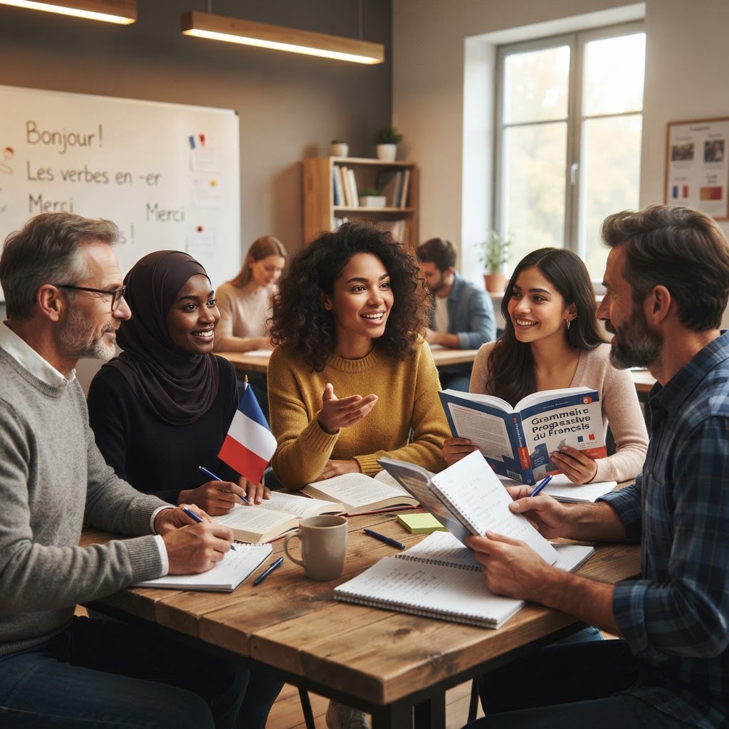 Apprenant suivant un cours de français avec pratique de la langue