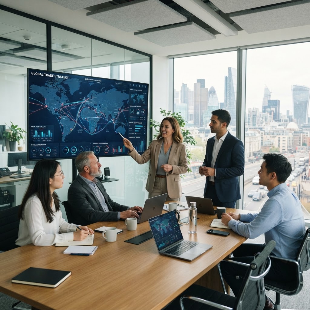 Professionnels élaborant une stratégie de commerce international et de marché global